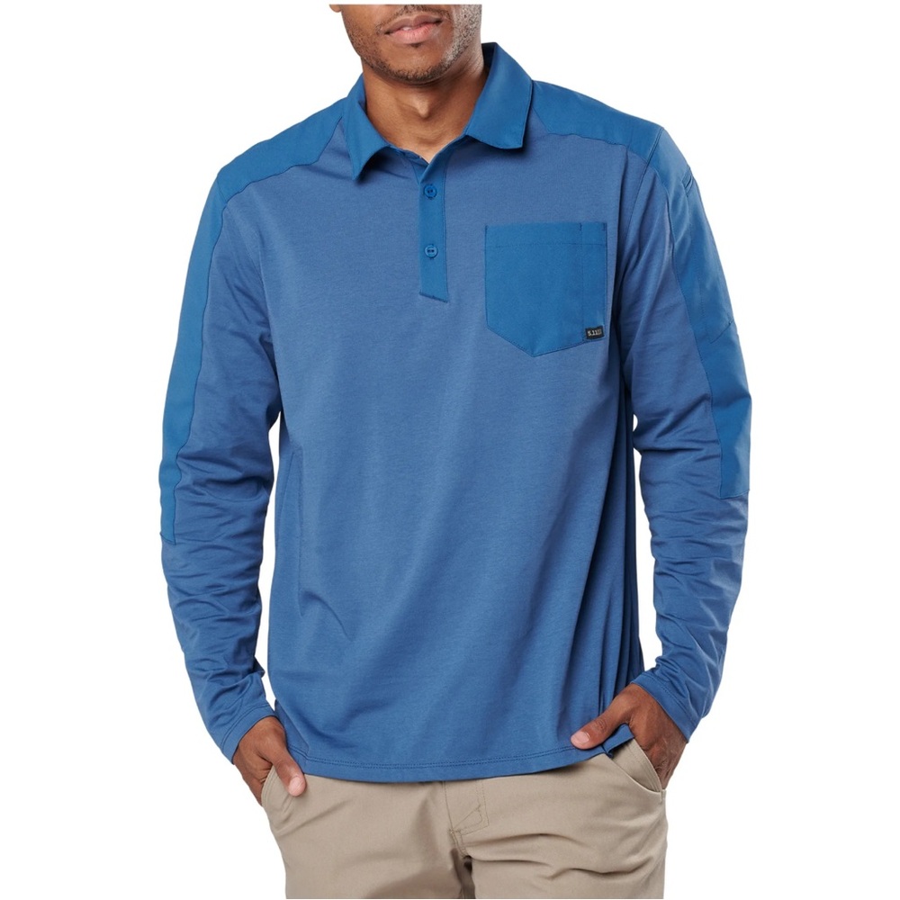 5.11 Tactical Men's Artillery Blue Chest Pocket Wicking Long Sleeve Polo Shirt-L